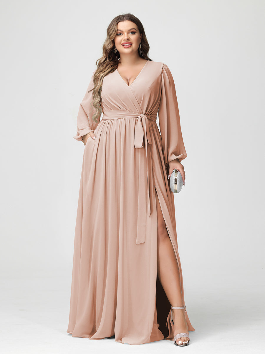 Princesa/Formato A Decote Em V Manga Comprida Chiffon Vestidos de Dama de Honra Plus Size com Bolsos