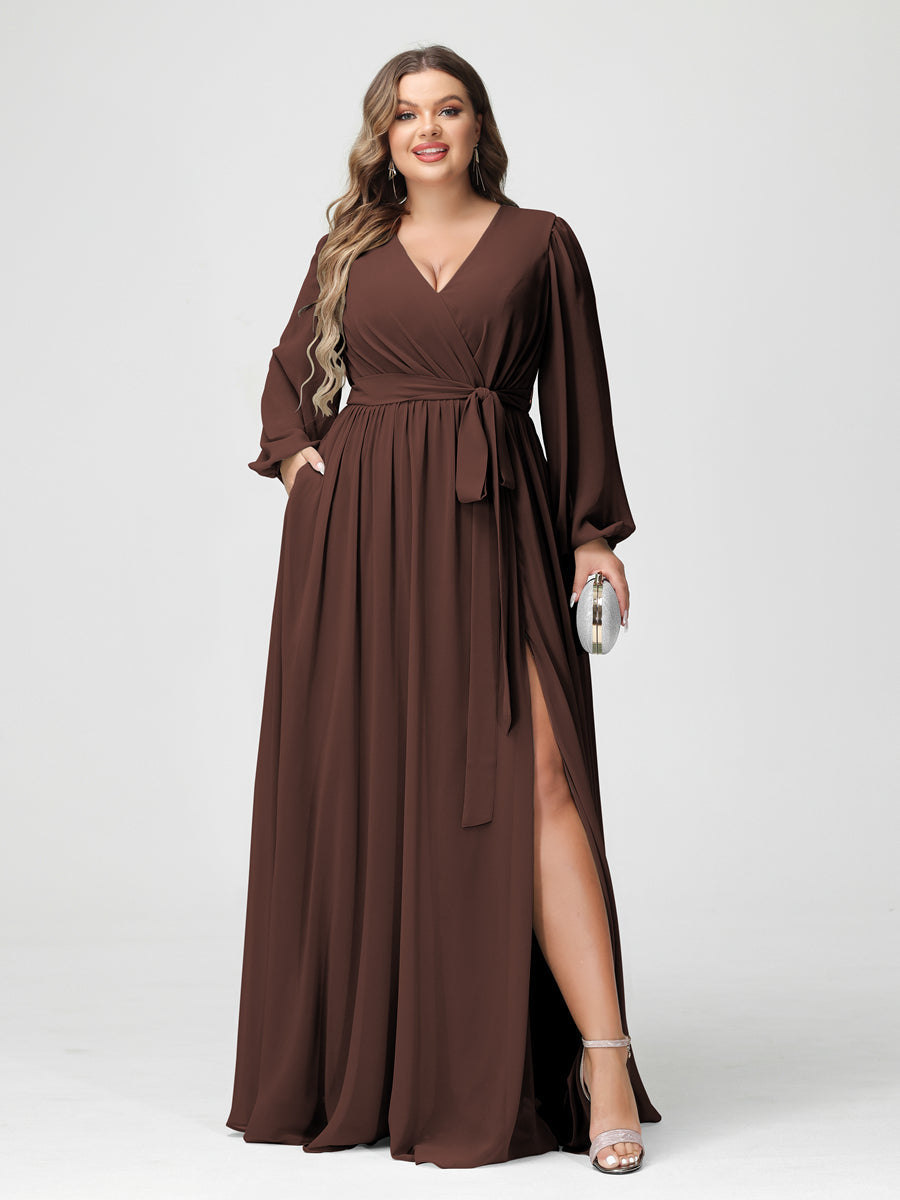 Princesa/Formato A Decote Em V Manga Comprida Chiffon Vestidos de Dama de Honra Plus Size com Bolsos