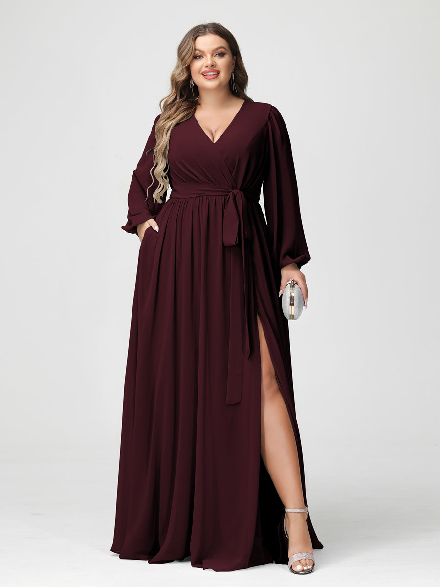 Princesa/Formato A Decote Em V Manga Comprida Chiffon Vestidos de Dama de Honra Plus Size com Bolsos