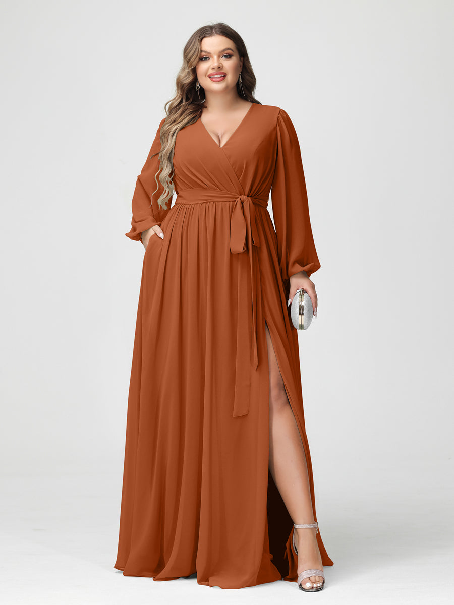 Princesa/Formato A Decote Em V Manga Comprida Chiffon Vestidos de Dama de Honra Plus Size com Bolsos