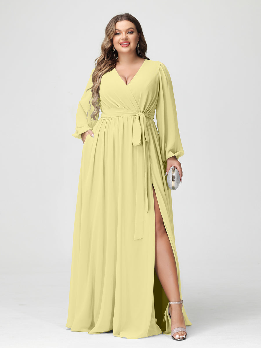 Princesa/Formato A Decote Em V Manga Comprida Chiffon Vestidos de Dama de Honra Plus Size com Bolsos
