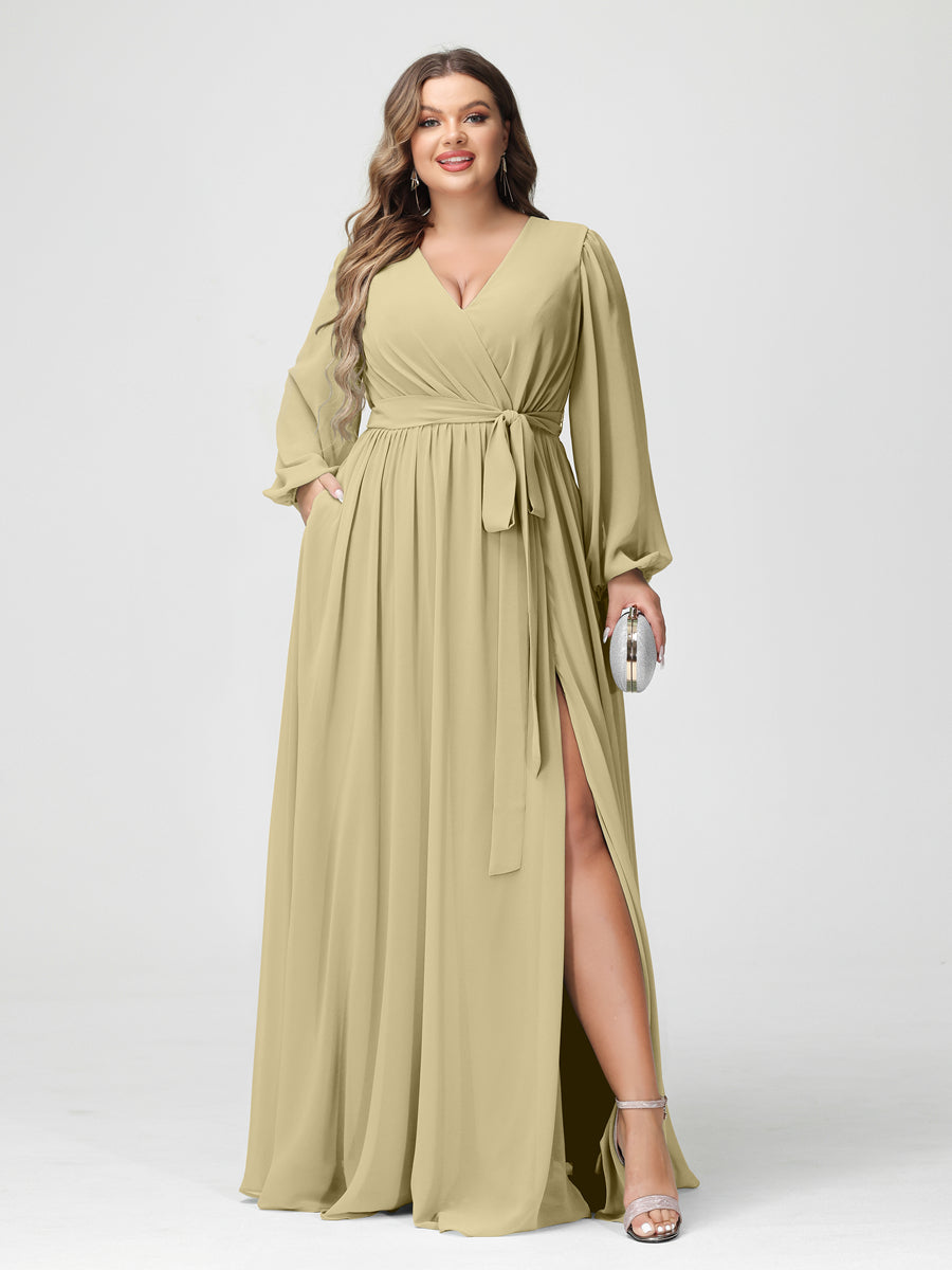 Princesa/Formato A Decote Em V Manga Comprida Chiffon Vestidos de Dama de Honra Plus Size com Bolsos