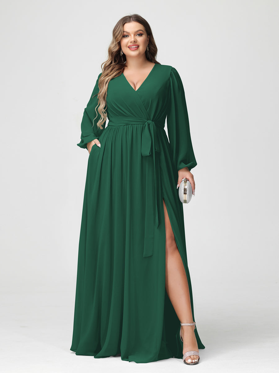 Princesa/Formato A Decote Em V Manga Comprida Chiffon Vestidos de Dama de Honra Plus Size com Bolsos
