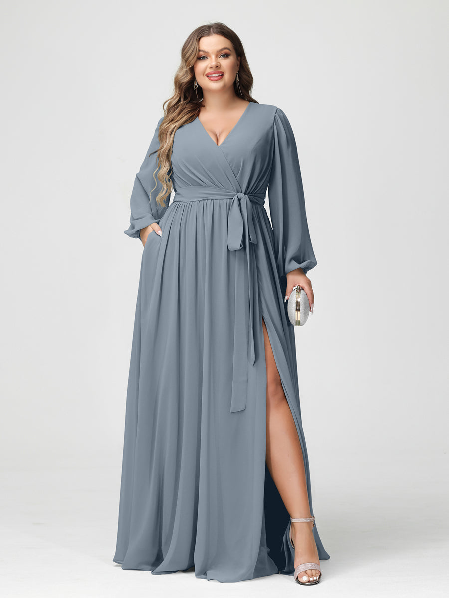 Princesa/Formato A Decote Em V Manga Comprida Chiffon Vestidos de Dama de Honra Plus Size com Bolsos