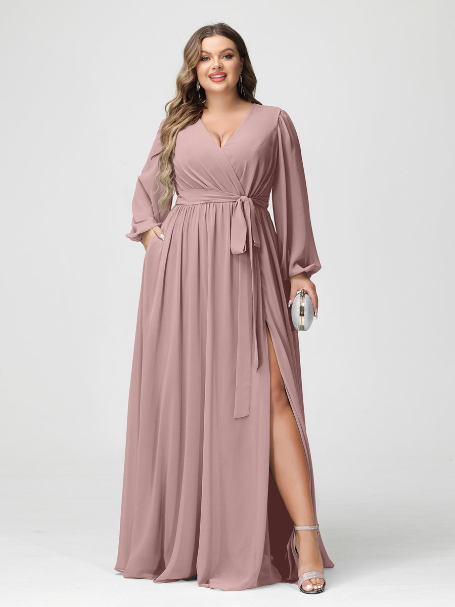 Princesa/Formato A Decote Em V Manga Comprida Chiffon Vestidos de Dama de Honra Plus Size com Bolsos
