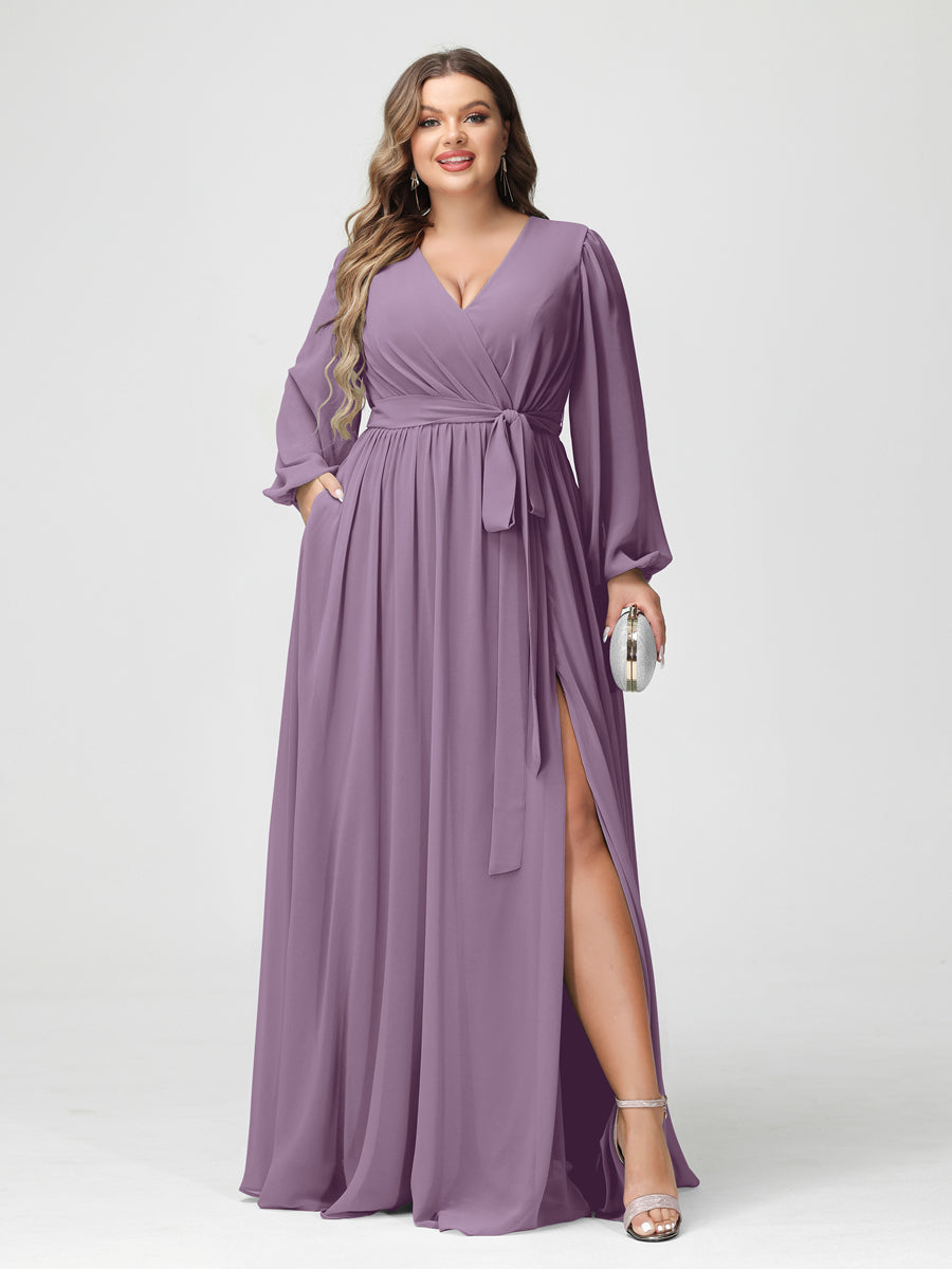 Princesa/Formato A Decote Em V Manga Comprida Chiffon Vestidos de Dama de Honra Plus Size com Bolsos