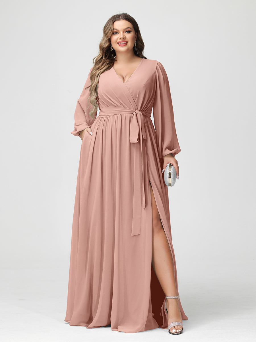 Princesa/Formato A Decote Em V Manga Comprida Chiffon Vestidos de Dama de Honra Plus Size com Bolsos