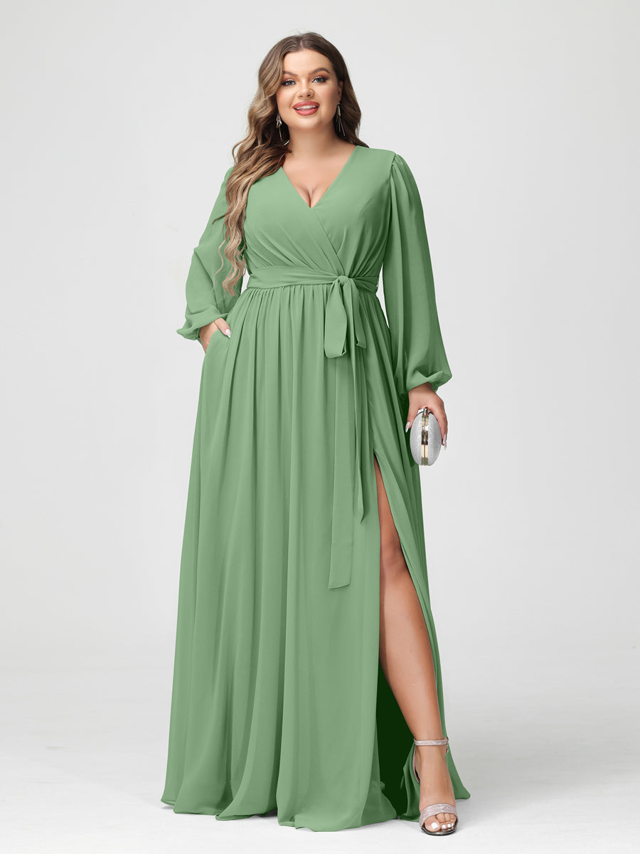 Princesa/Formato A Decote Em V Manga Comprida Chiffon Vestidos de Dama de Honra Plus Size com Bolsos