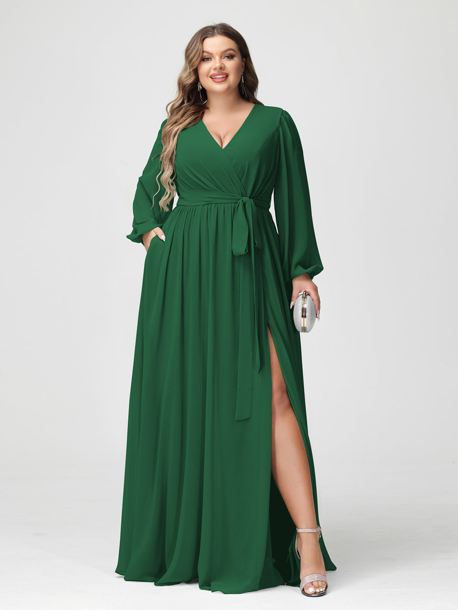 Princesa/Formato A Decote Em V Manga Comprida Chiffon Vestidos de Dama de Honra Plus Size com Bolsos