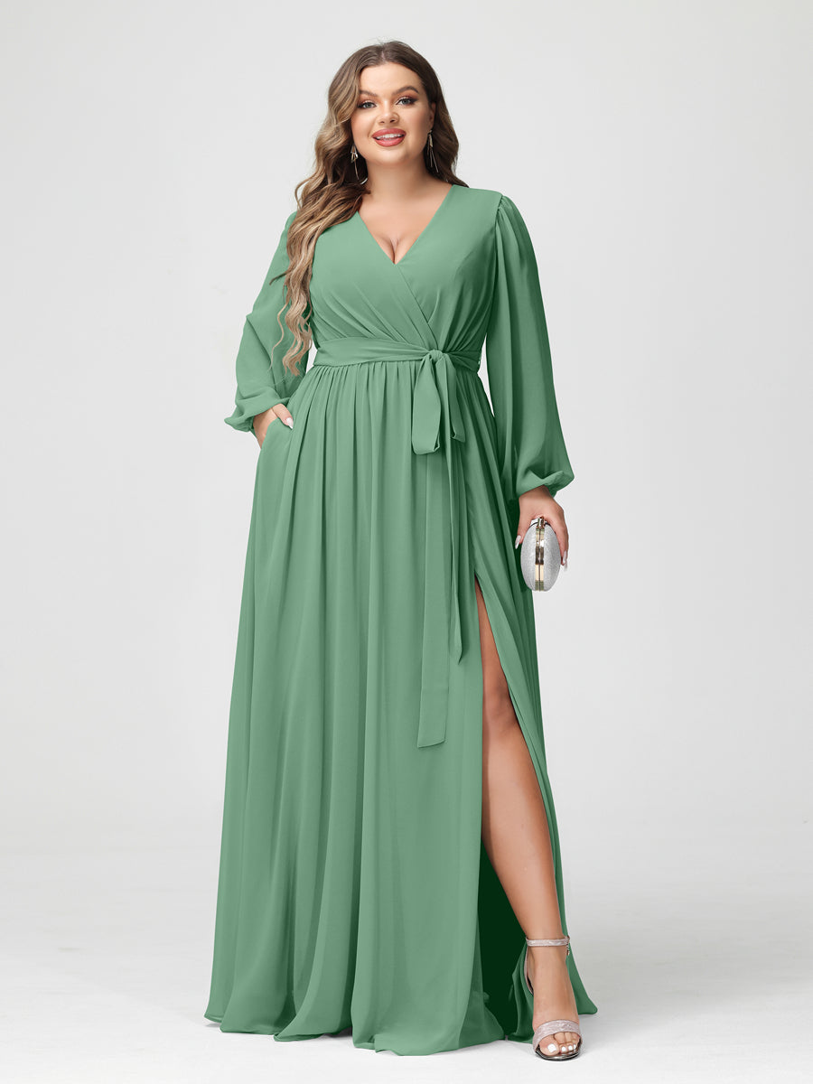 Princesa/Formato A Decote Em V Manga Comprida Chiffon Vestidos de Dama de Honra Plus Size com Bolsos