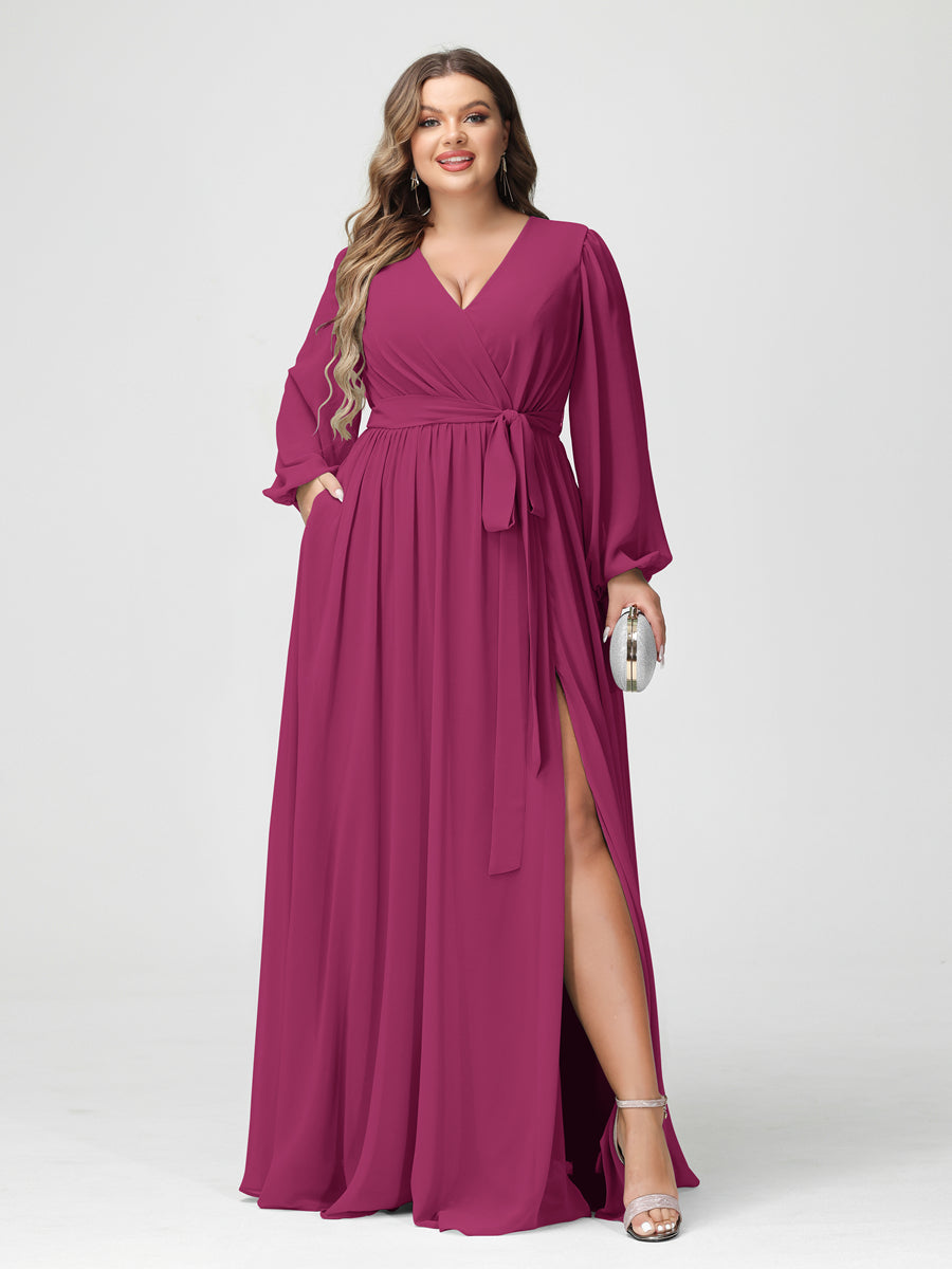 Princesa/Formato A Decote Em V Manga Comprida Chiffon Vestidos de Dama de Honra Plus Size com Bolsos