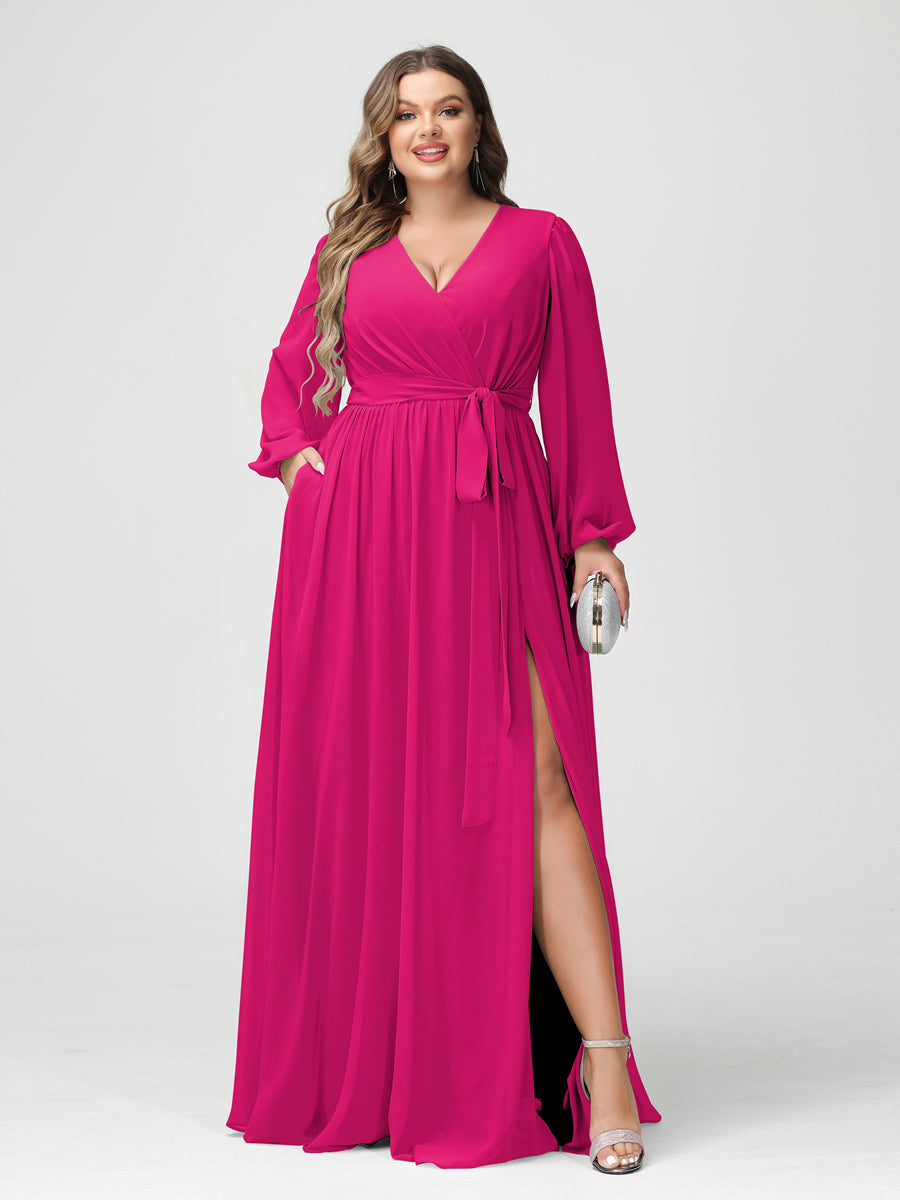 Princesa/Formato A Decote Em V Manga Comprida Chiffon Vestidos de Dama de Honra Plus Size com Bolsos