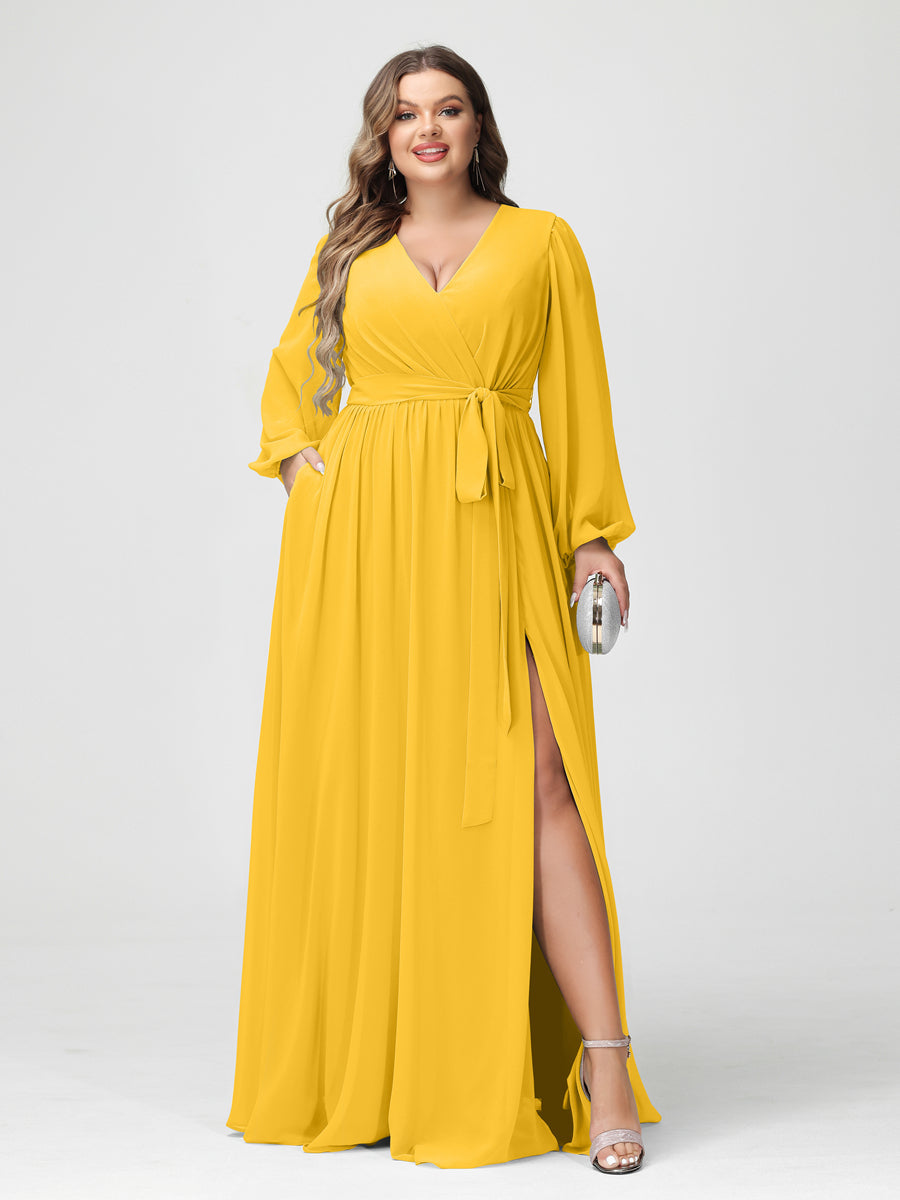 Princesa/Formato A Decote Em V Manga Comprida Chiffon Vestidos de Dama de Honra Plus Size com Bolsos