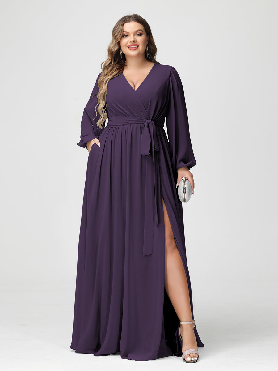 Princesa/Formato A Decote Em V Manga Comprida Chiffon Vestidos de Dama de Honra Plus Size com Bolsos
