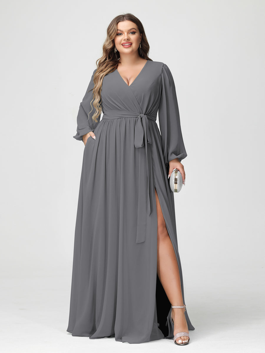 Princesa/Formato A Decote Em V Manga Comprida Chiffon Vestidos de Dama de Honra Plus Size com Bolsos