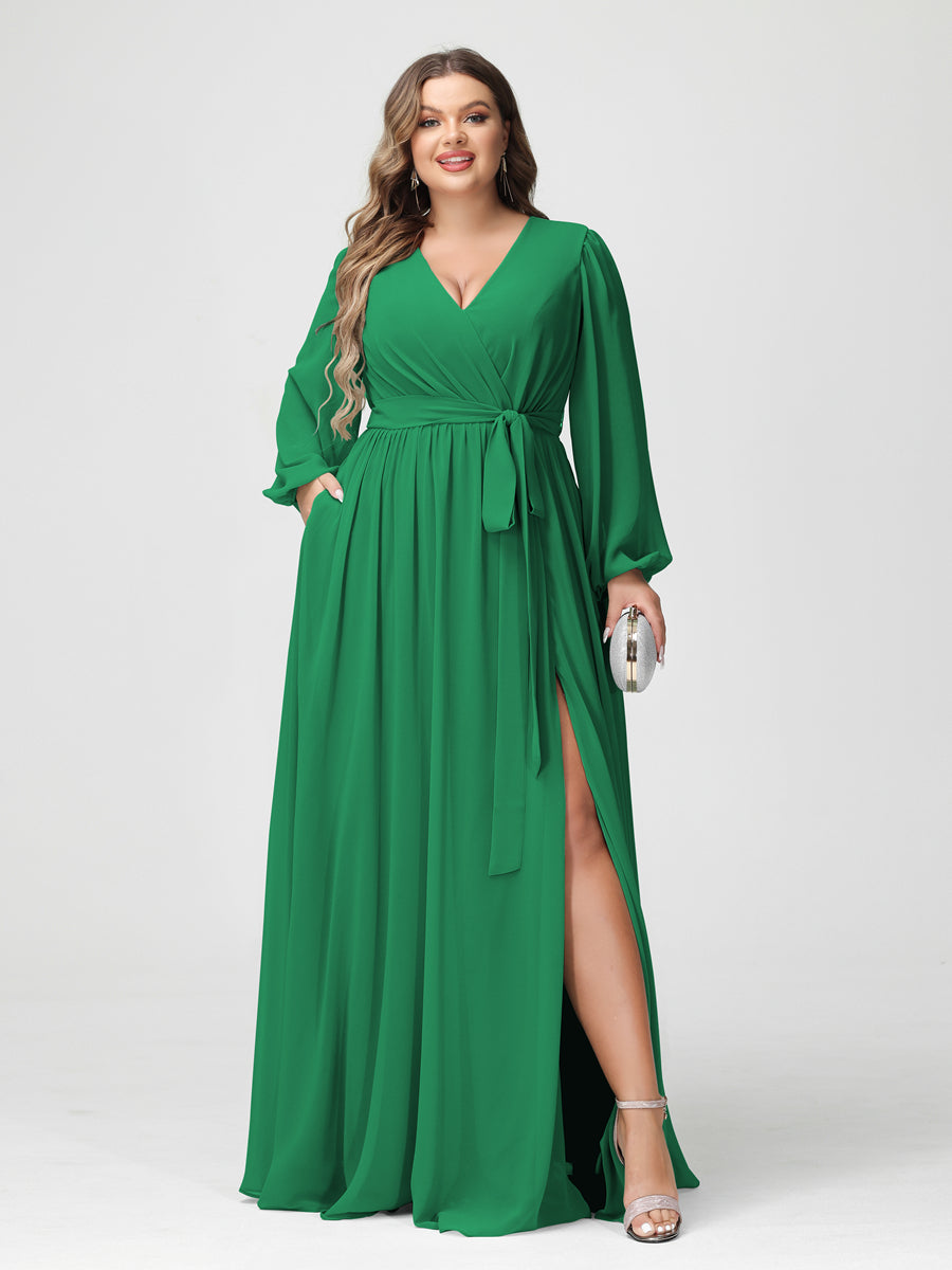 Princesa/Formato A Decote Em V Manga Comprida Chiffon Vestidos de Dama de Honra Plus Size com Bolsos