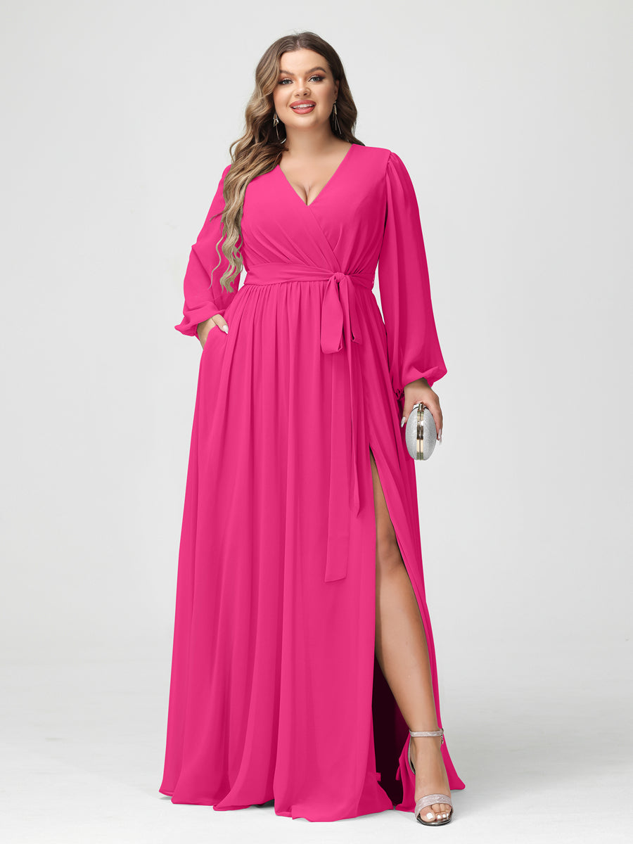 Princesa/Formato A Decote Em V Manga Comprida Chiffon Vestidos de Dama de Honra Plus Size com Bolsos