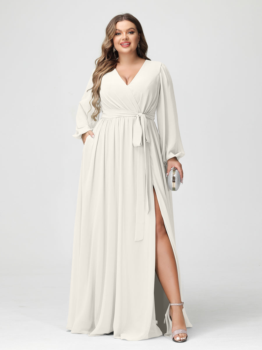 Princesa/Formato A Decote Em V Manga Comprida Chiffon Vestidos de Dama de Honra Plus Size com Bolsos