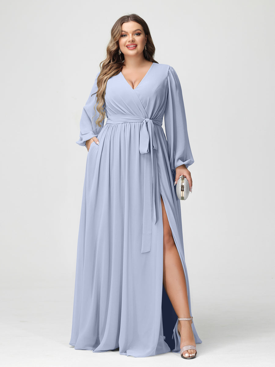 Princesa/Formato A Decote Em V Manga Comprida Chiffon Vestidos de Dama de Honra Plus Size com Bolsos
