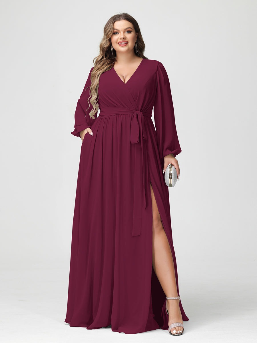 Princesa/Formato A Decote Em V Manga Comprida Chiffon Vestidos de Dama de Honra Plus Size com Bolsos