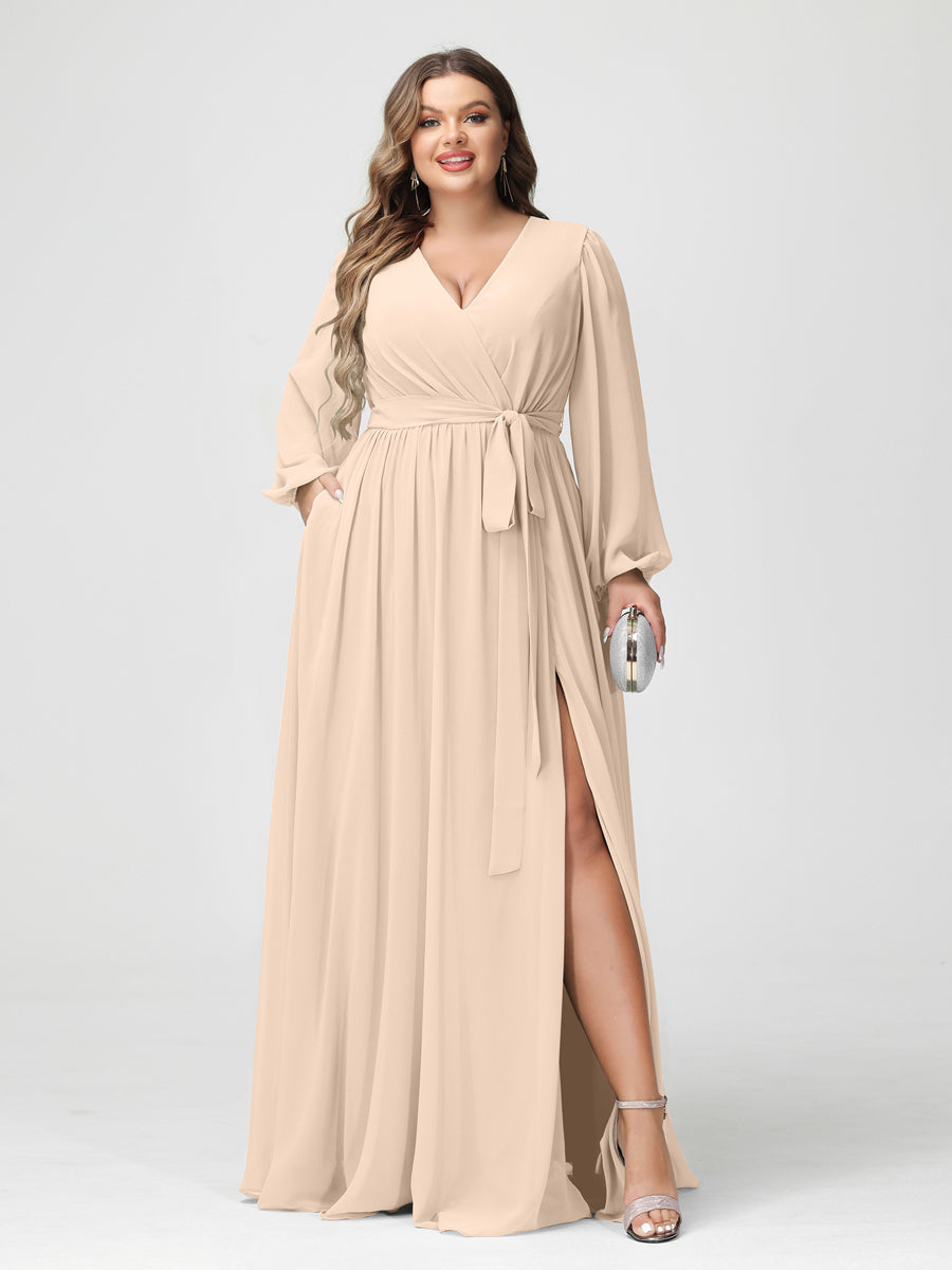 Princesa/Formato A Decote Em V Manga Comprida Chiffon Vestidos de Dama de Honra Plus Size com Bolsos