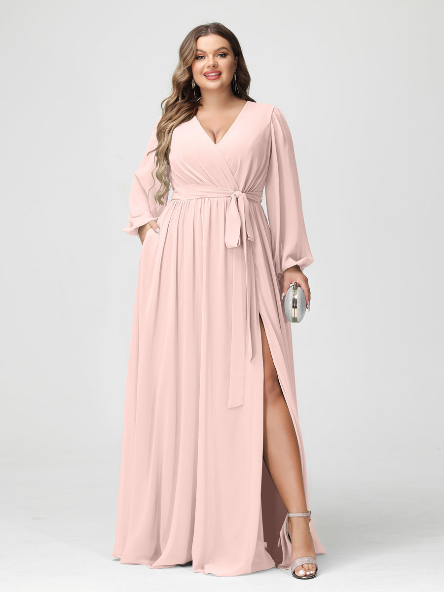 Princesa/Formato A Decote Em V Manga Comprida Chiffon Vestidos de Dama de Honra Plus Size com Bolsos