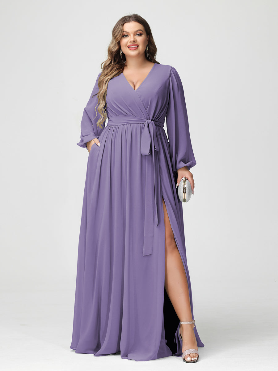 Princesa/Formato A Decote Em V Manga Comprida Chiffon Vestidos de Dama de Honra Plus Size com Bolsos