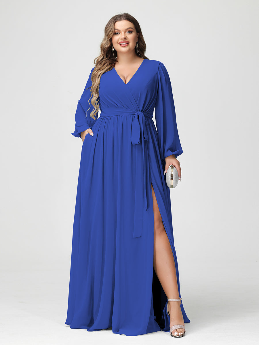 Princesa/Formato A Decote Em V Manga Comprida Chiffon Vestidos de Dama de Honra Plus Size com Bolsos
