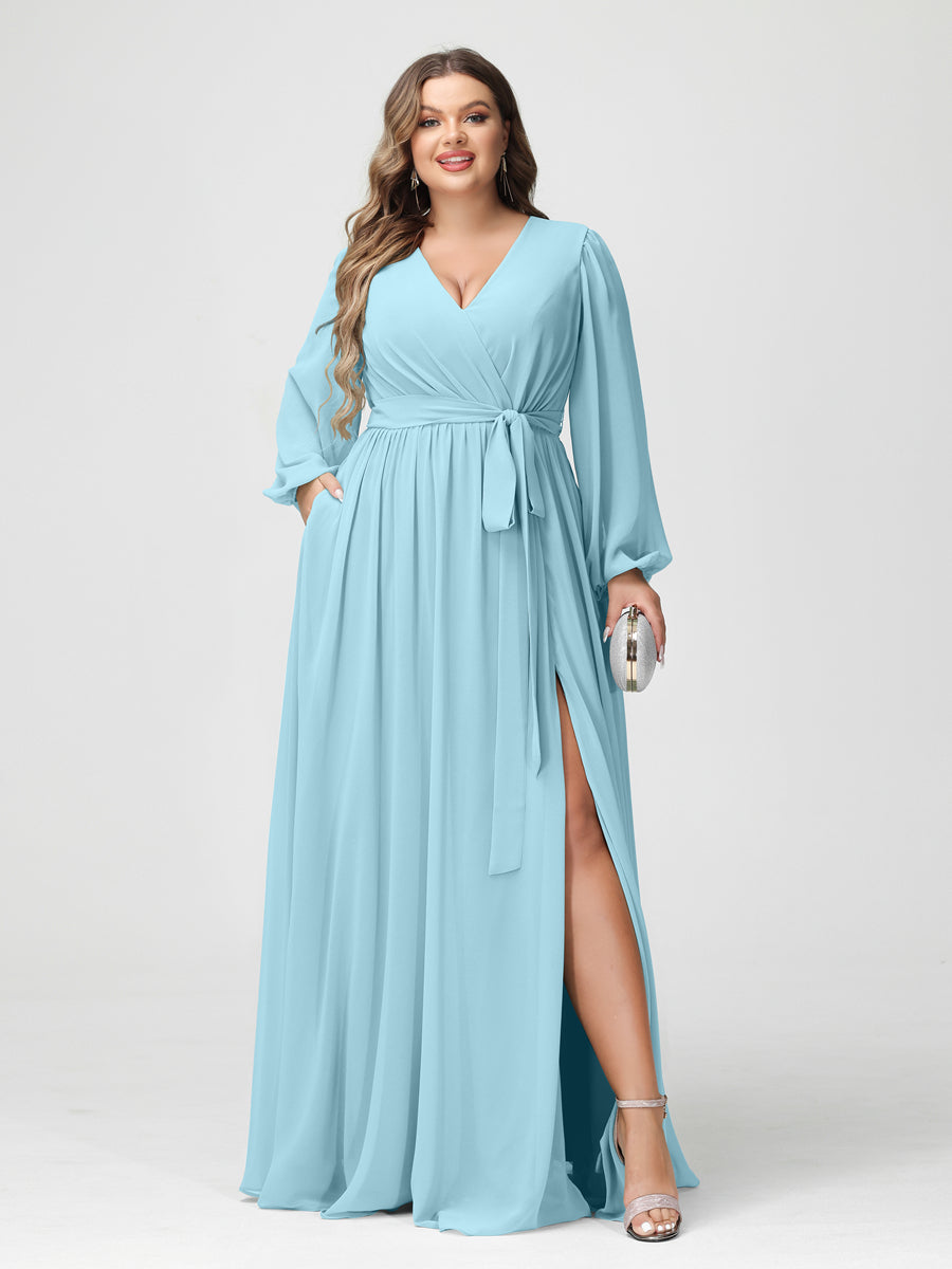 Princesa/Formato A Decote Em V Manga Comprida Chiffon Vestidos de Dama de Honra Plus Size com Bolsos