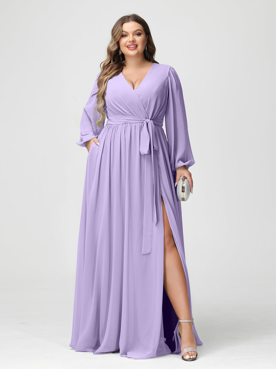 Princesa/Formato A Decote Em V Manga Comprida Chiffon Vestidos de Dama de Honra Plus Size com Bolsos