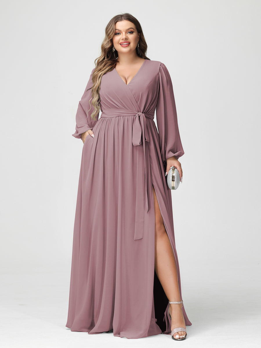 Princesa/Formato A Decote Em V Manga Comprida Chiffon Vestidos de Dama de Honra Plus Size com Bolsos