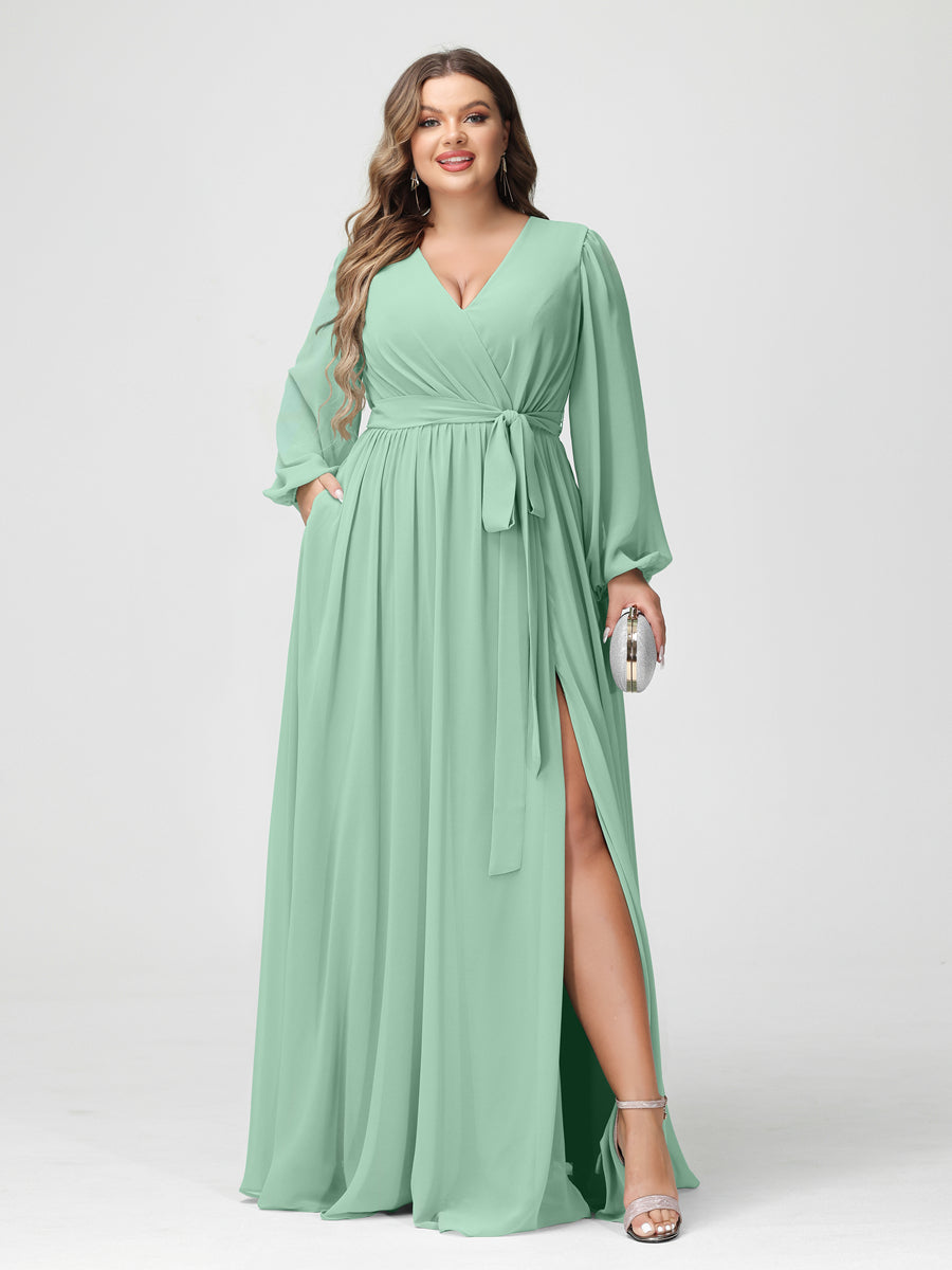 Princesa/Formato A Decote Em V Manga Comprida Chiffon Vestidos de Dama de Honra Plus Size com Bolsos