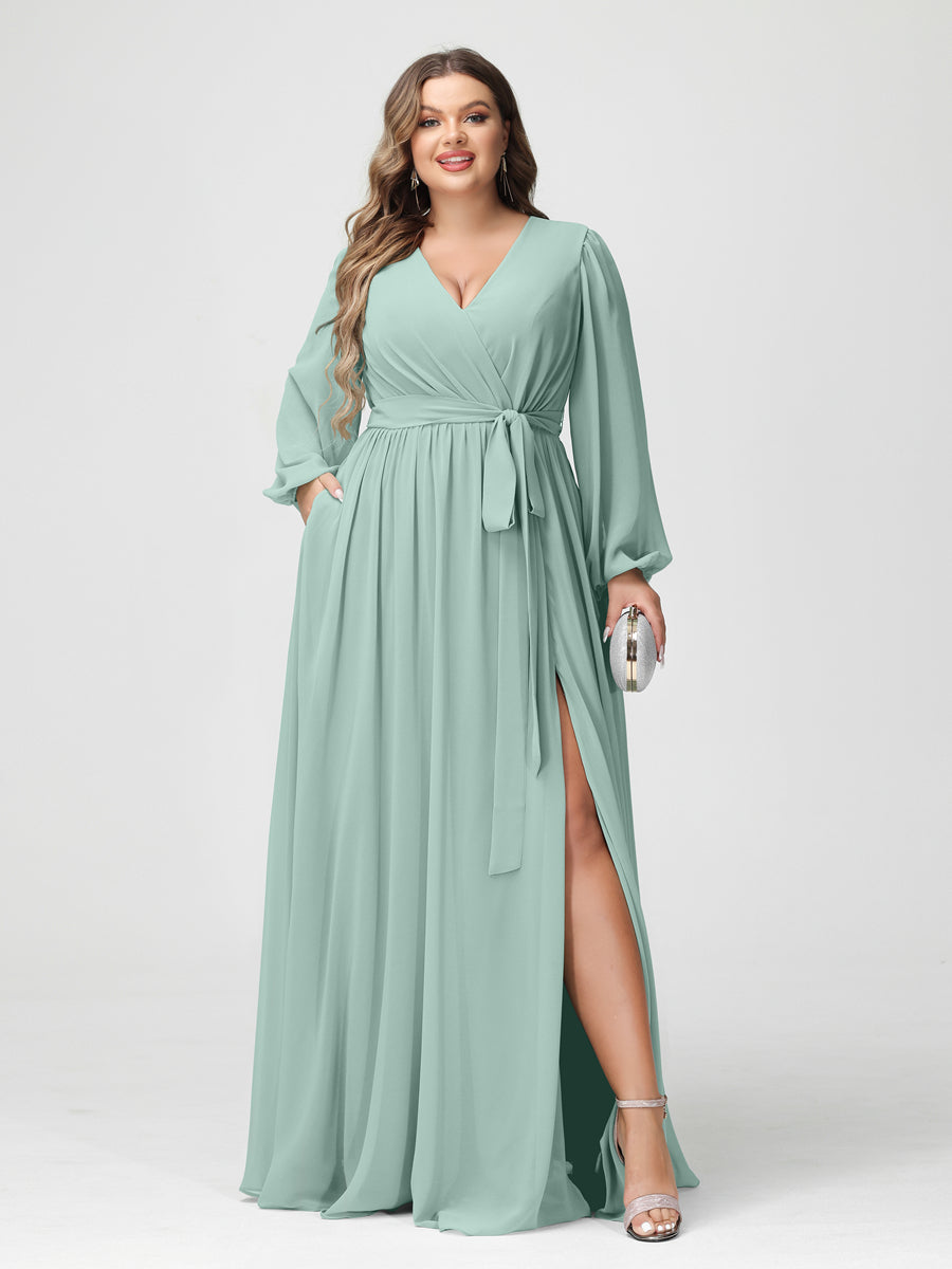 Princesa/Formato A Decote Em V Manga Comprida Chiffon Vestidos de Dama de Honra Plus Size com Bolsos