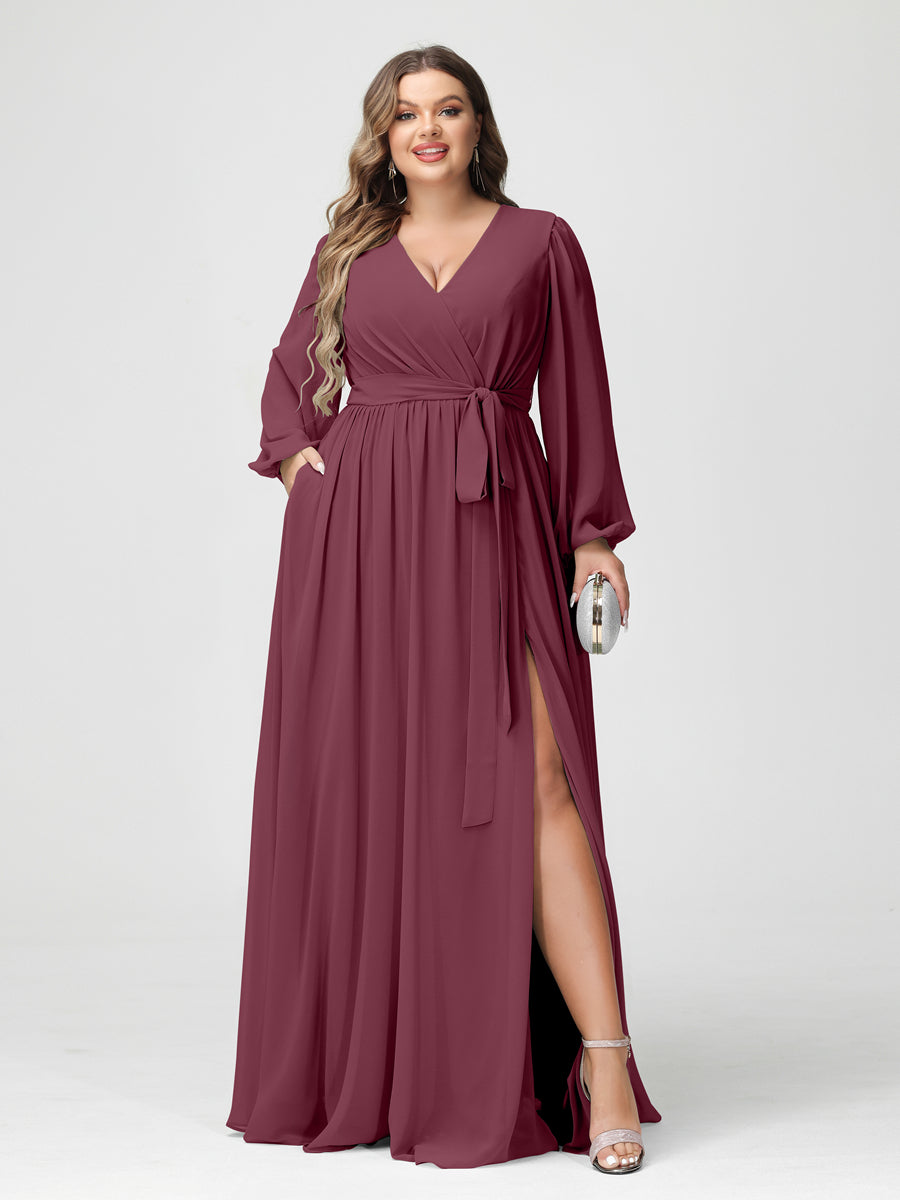 Princesa/Formato A Decote Em V Manga Comprida Chiffon Vestidos de Dama de Honra Plus Size com Bolsos