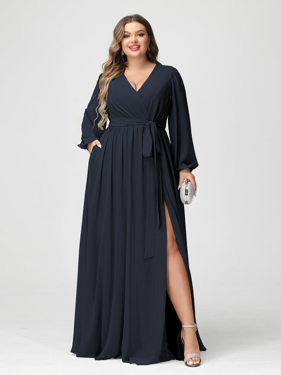 Princesa/Formato A Decote Em V Manga Comprida Chiffon Vestidos de Dama de Honra Plus Size com Bolsos