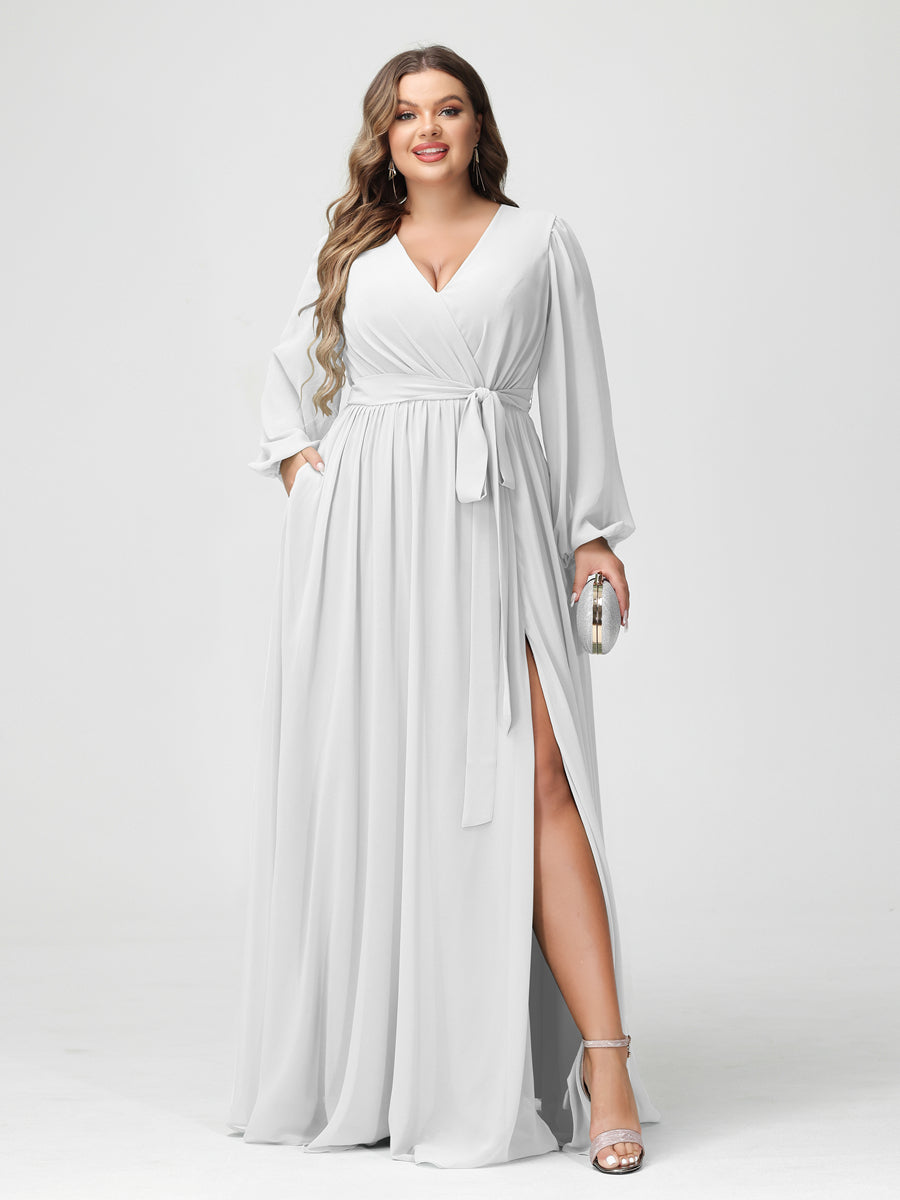Princesa/Formato A Decote Em V Manga Comprida Chiffon Vestidos de Dama de Honra Plus Size com Bolsos