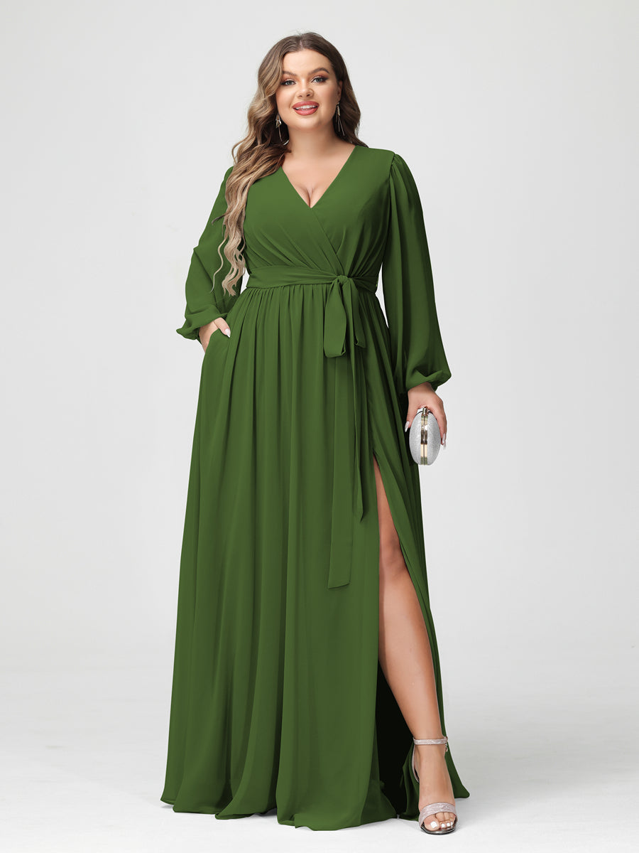 Princesa/Formato A Decote Em V Manga Comprida Chiffon Vestidos de Dama de Honra Plus Size com Bolsos
