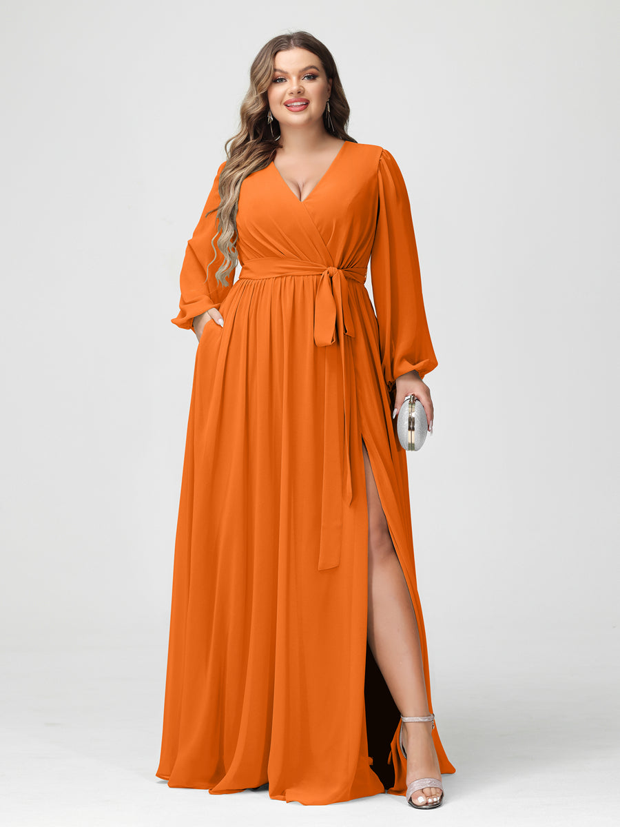 Princesa/Formato A Decote Em V Manga Comprida Chiffon Vestidos de Dama de Honra Plus Size com Bolsos