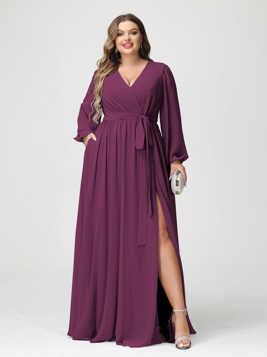 Princesa/Formato A Decote Em V Manga Comprida Chiffon Vestidos de Dama de Honra Plus Size com Bolsos