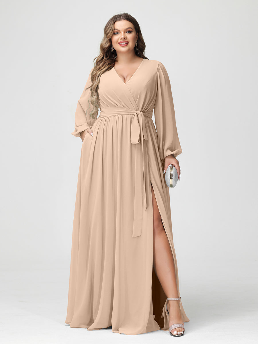 Princesa/Formato A Decote Em V Manga Comprida Chiffon Vestidos de Dama de Honra Plus Size com Bolsos