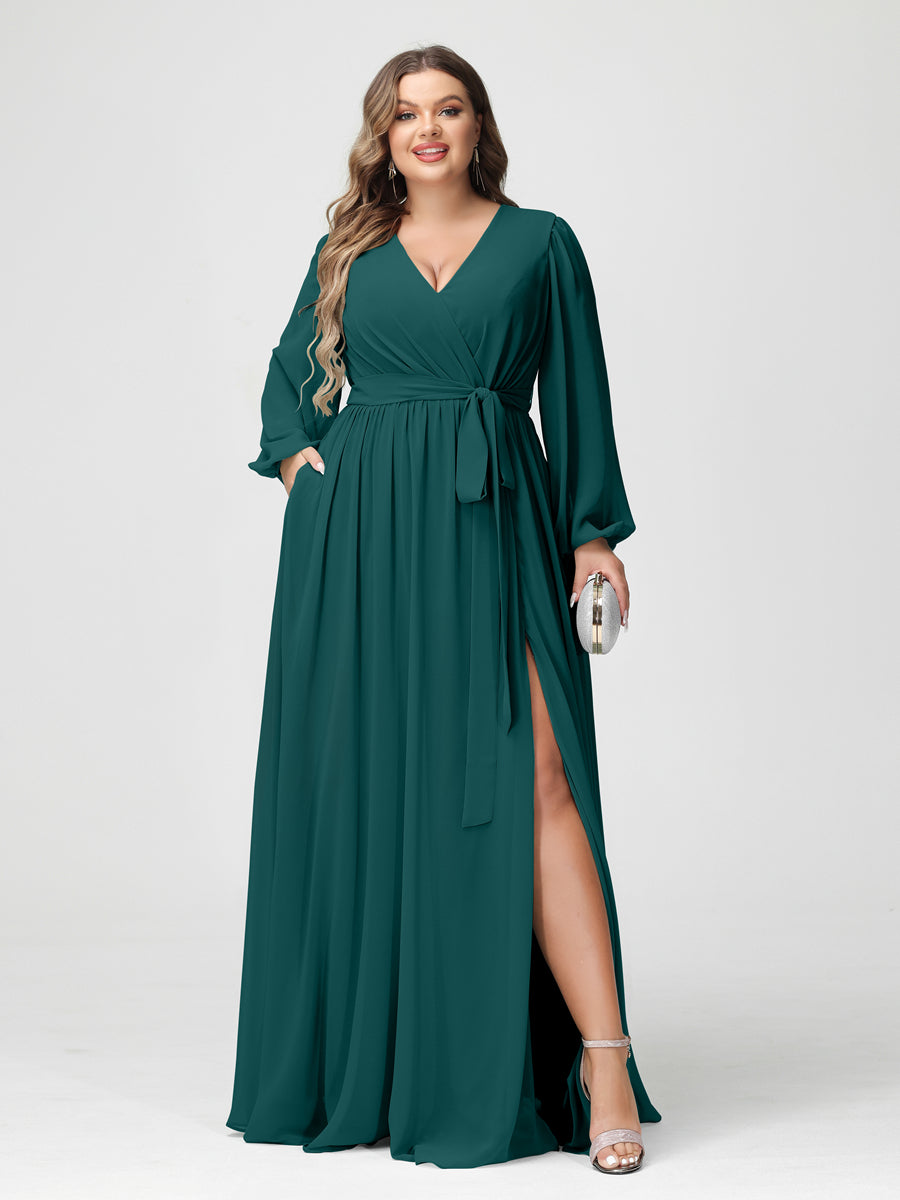 Princesa/Formato A Decote Em V Manga Comprida Chiffon Vestidos de Dama de Honra Plus Size com Bolsos