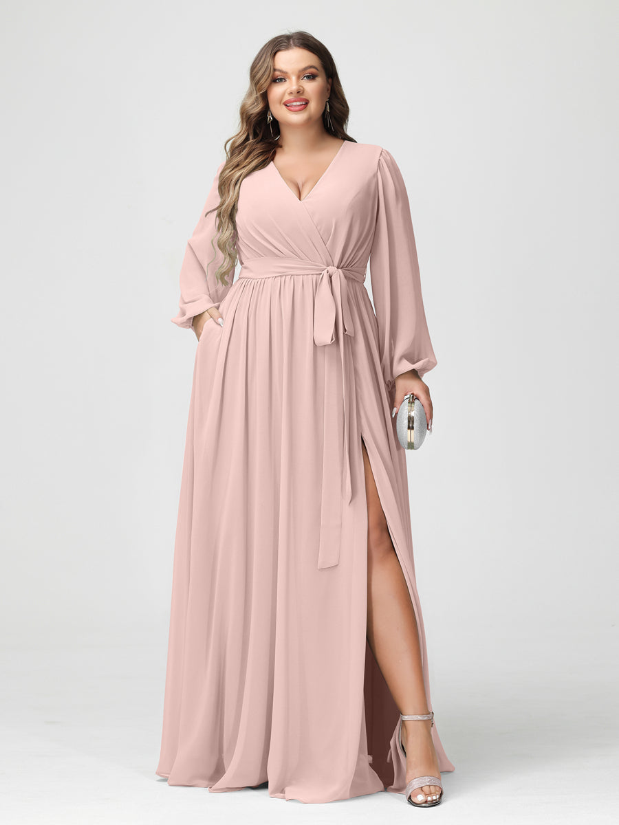 Princesa/Formato A Decote Em V Manga Comprida Chiffon Vestidos de Dama de Honra Plus Size com Bolsos