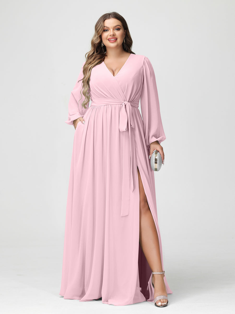 Princesa/Formato A Decote Em V Manga Comprida Chiffon Vestidos de Dama de Honra Plus Size com Bolsos