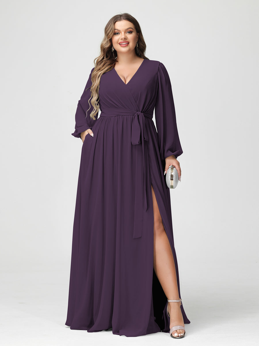 Princesa/Formato A Decote Em V Manga Comprida Chiffon Vestidos de Dama de Honra Plus Size com Bolsos