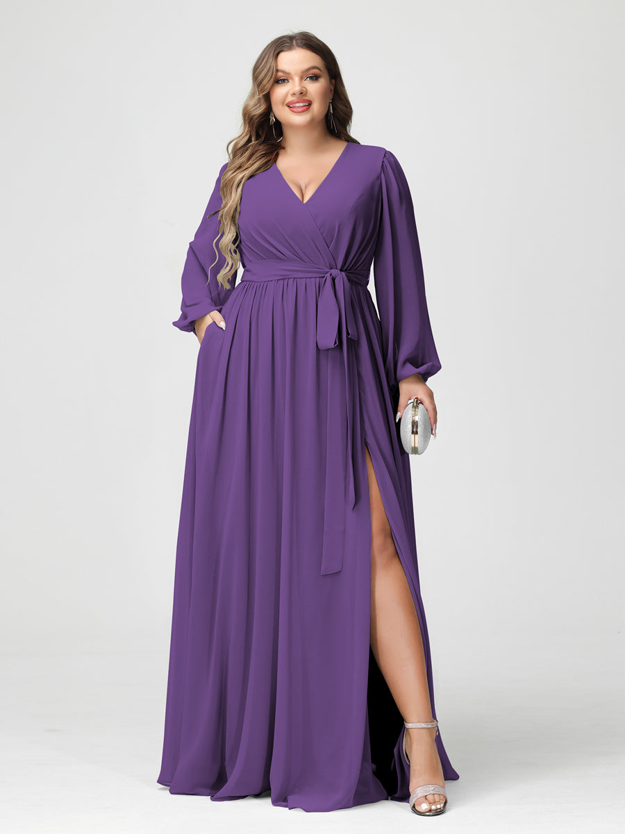 Princesa/Formato A Decote Em V Manga Comprida Chiffon Vestidos de Dama de Honra Plus Size com Bolsos