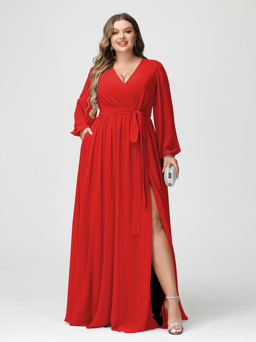 Princesa/Formato A Decote Em V Manga Comprida Chiffon Vestidos de Dama de Honra Plus Size com Bolsos