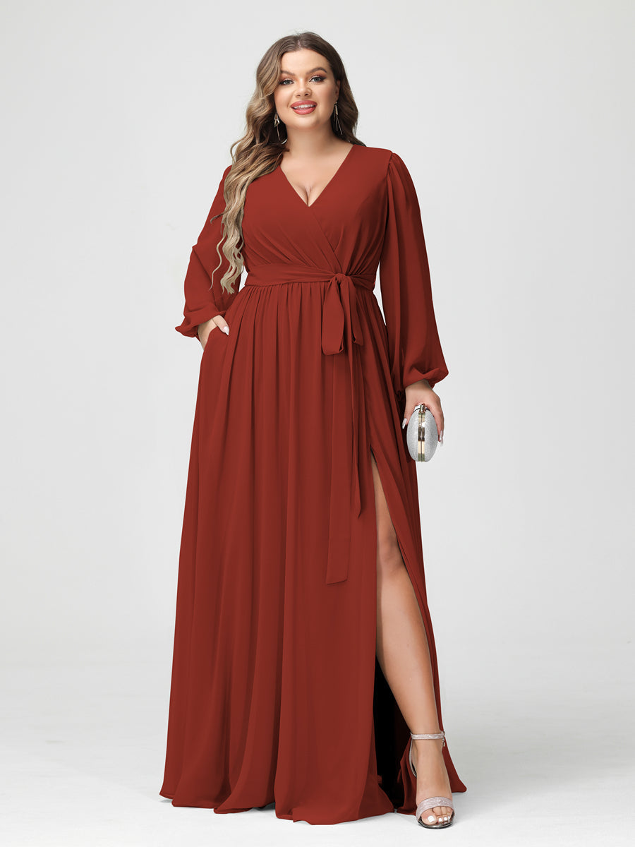 Princesa/Formato A Decote Em V Manga Comprida Chiffon Vestidos de Dama de Honra Plus Size com Bolsos