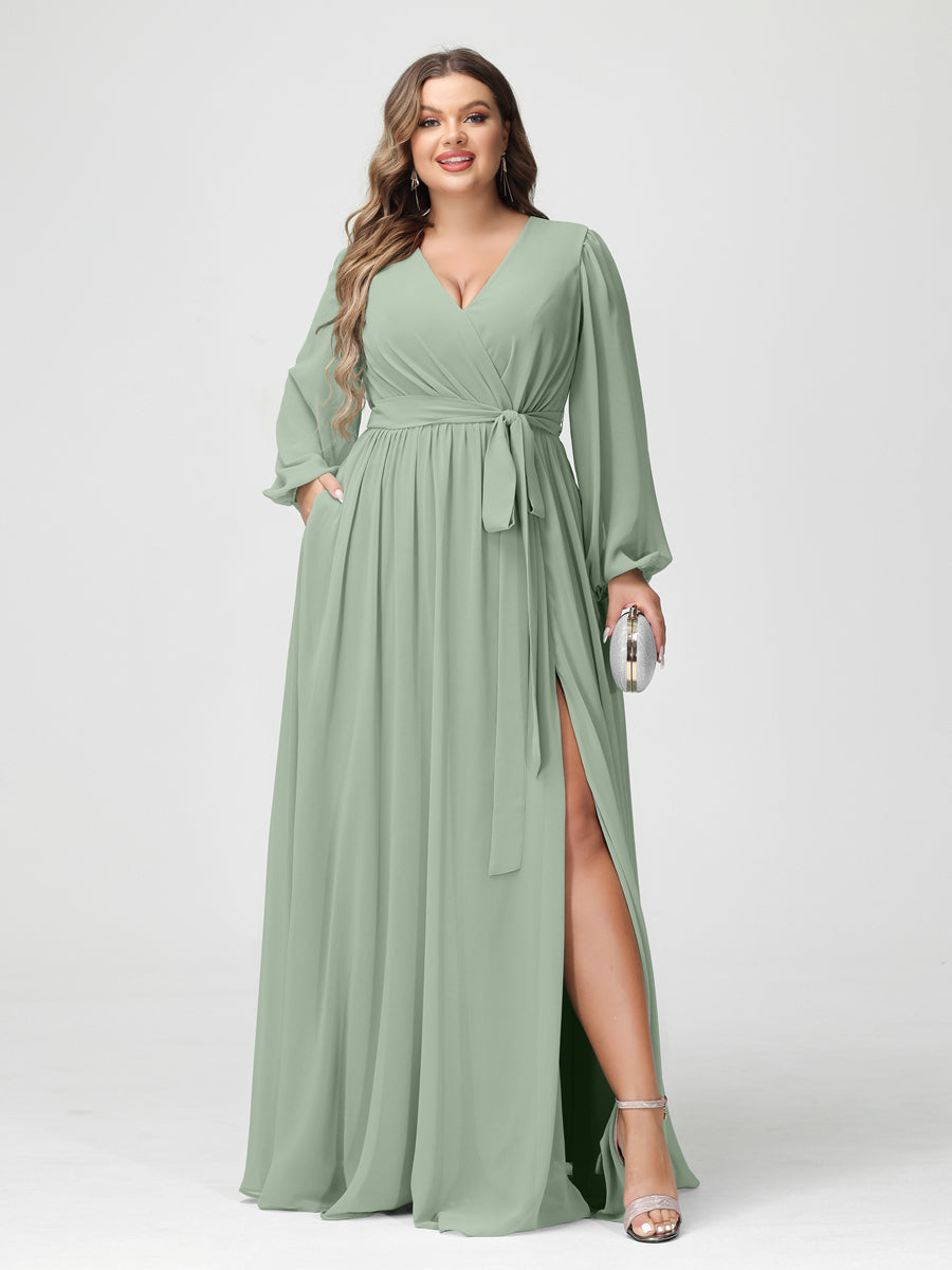 Princesa/Formato A Decote Em V Manga Comprida Chiffon Vestidos de Dama de Honra Plus Size com Bolsos