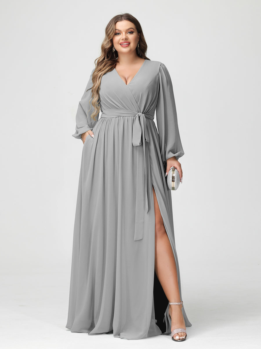 Princesa/Formato A Decote Em V Manga Comprida Chiffon Vestidos de Dama de Honra Plus Size com Bolsos