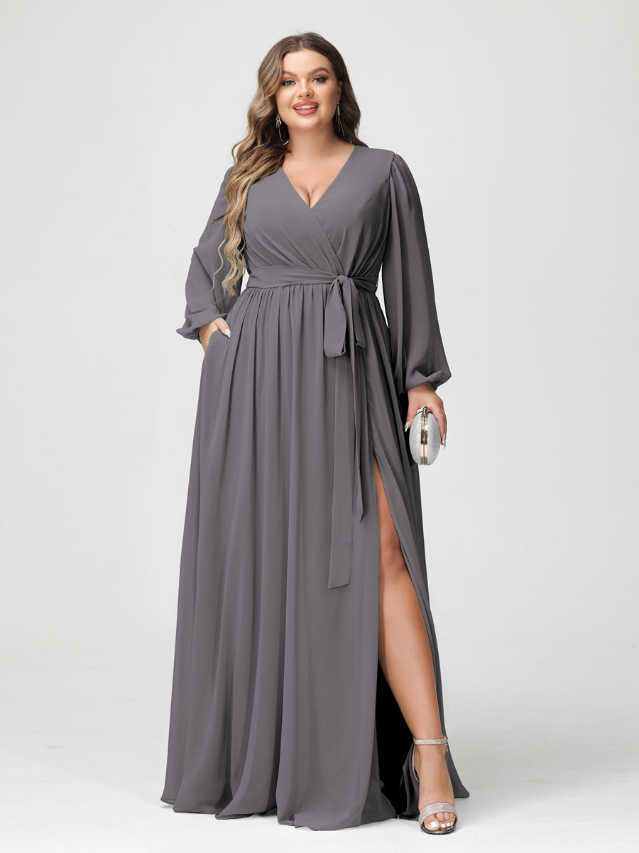 Princesa/Formato A Decote Em V Manga Comprida Chiffon Vestidos de Dama de Honra Plus Size com Bolsos